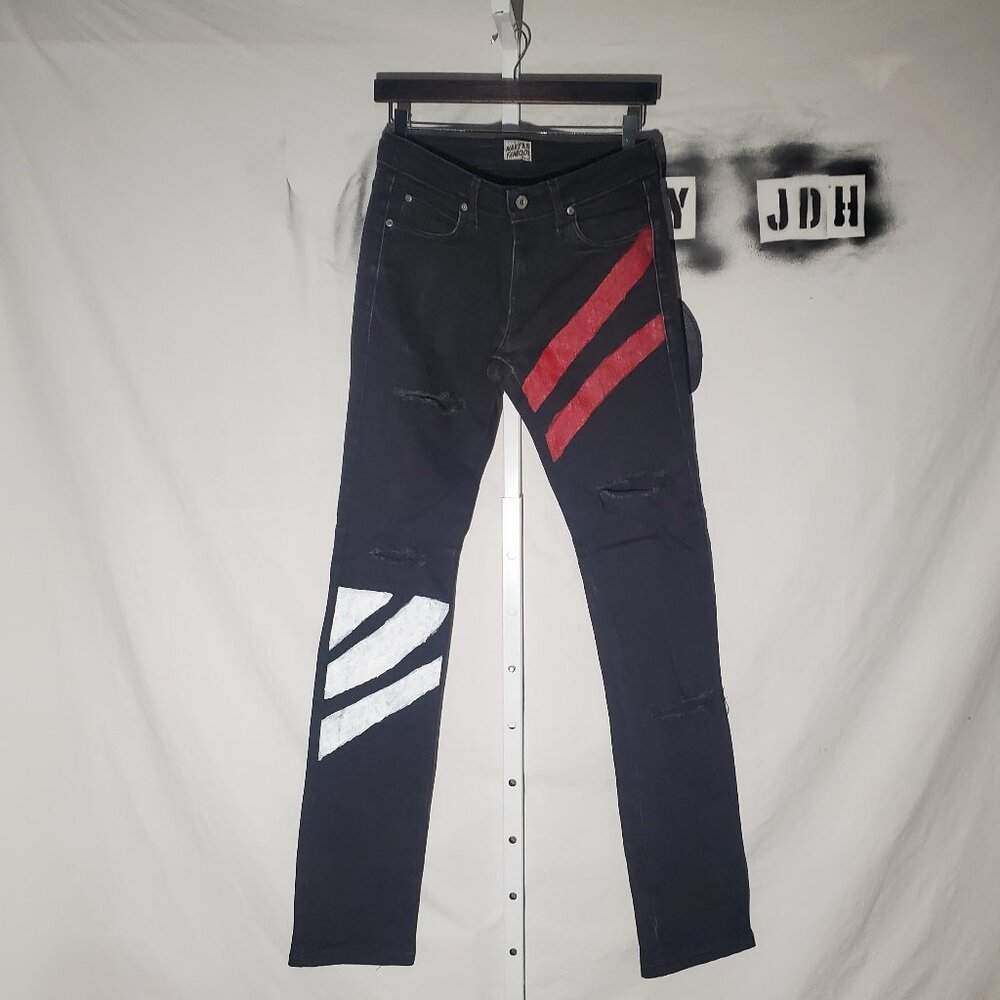 Naked & Famous Skinny Guy Jeans 31W -Painted- Destroyed-- Japanese raw denim